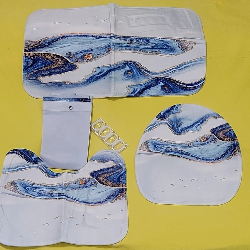4 Pcs Shower Curtain Set with Non-Slip Rugs Toilet Lid Cover and Bath Mat,